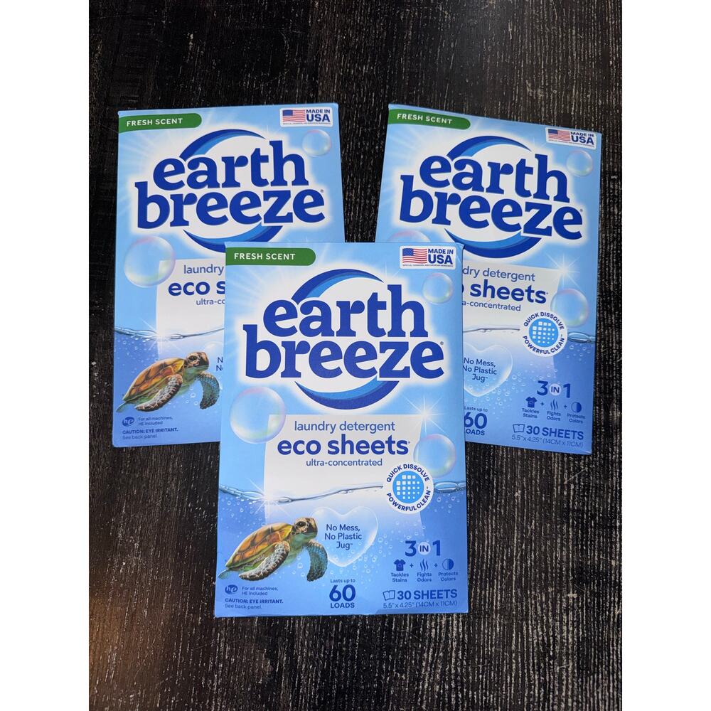 Lot of 3 Earth Breeze Laundry Detergent Fresh Scent 30 Sheets or 60 Loads Each